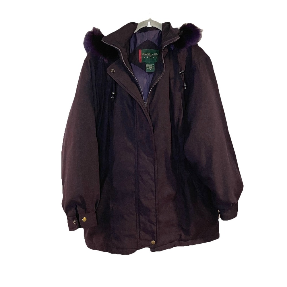Preston & York Purple Real Fox Fur Trim Hooded Puffer Parka Coat Zip Warm 90s M